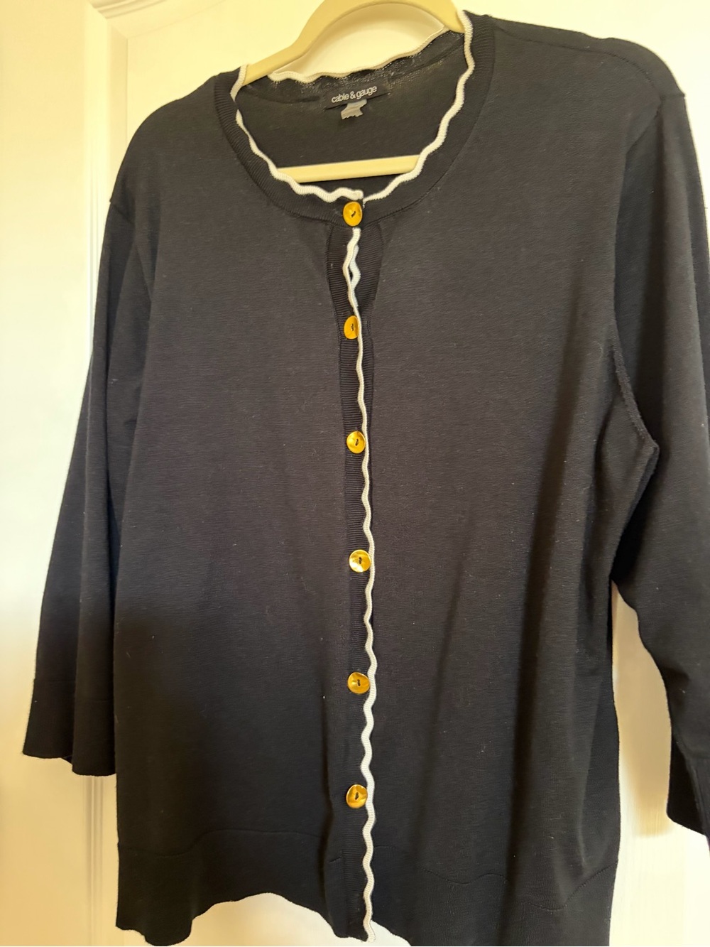 Cable & Gauge Black Cardigan with White Trim and Gold Buttons